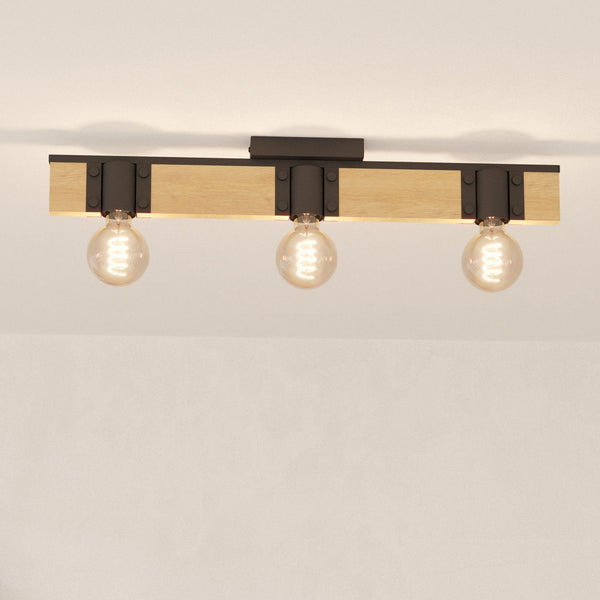 Bailrigg Three Lamp Linear Ceiling Light in Black with Wood Detailing