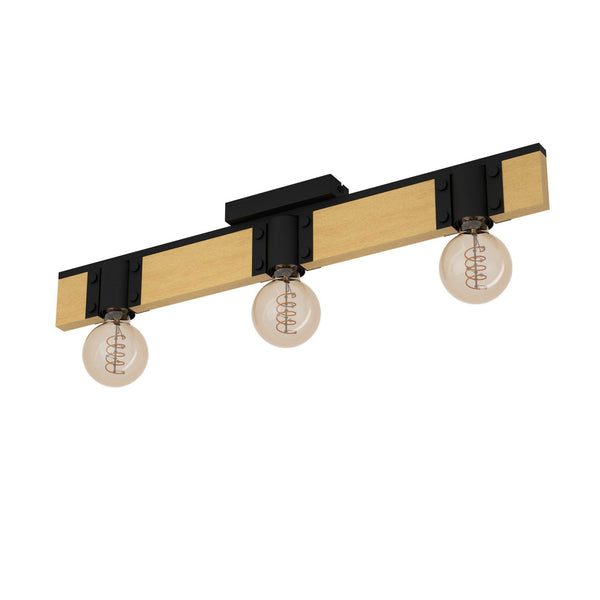 Bailrigg Three Lamp Linear Ceiling Light in Black with Wood Detailing