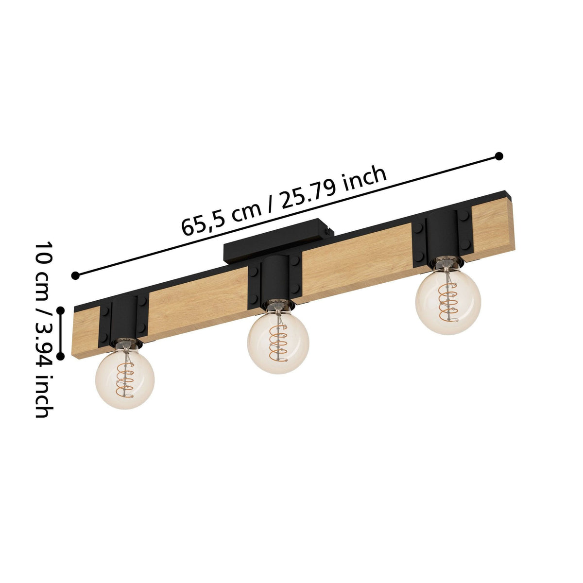 Bailrigg Three Lamp Linear Ceiling Light in Black with Wood Detailing