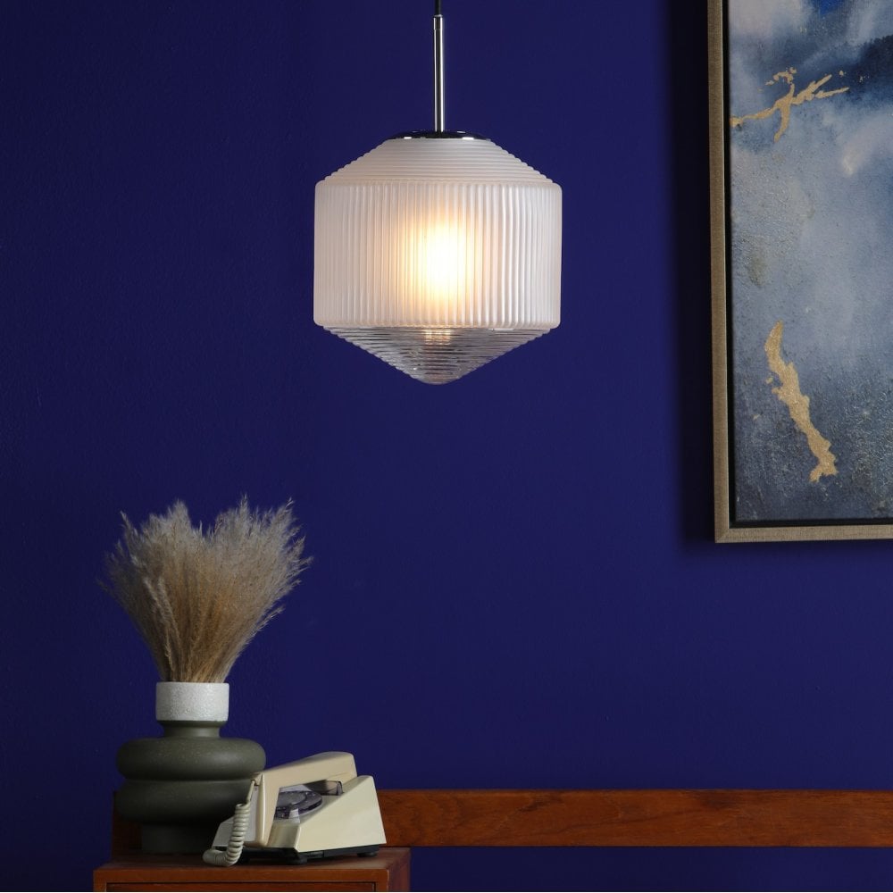 Nisha Single Pendant In Polished Chrome With Frosted & Clear Glass Shade