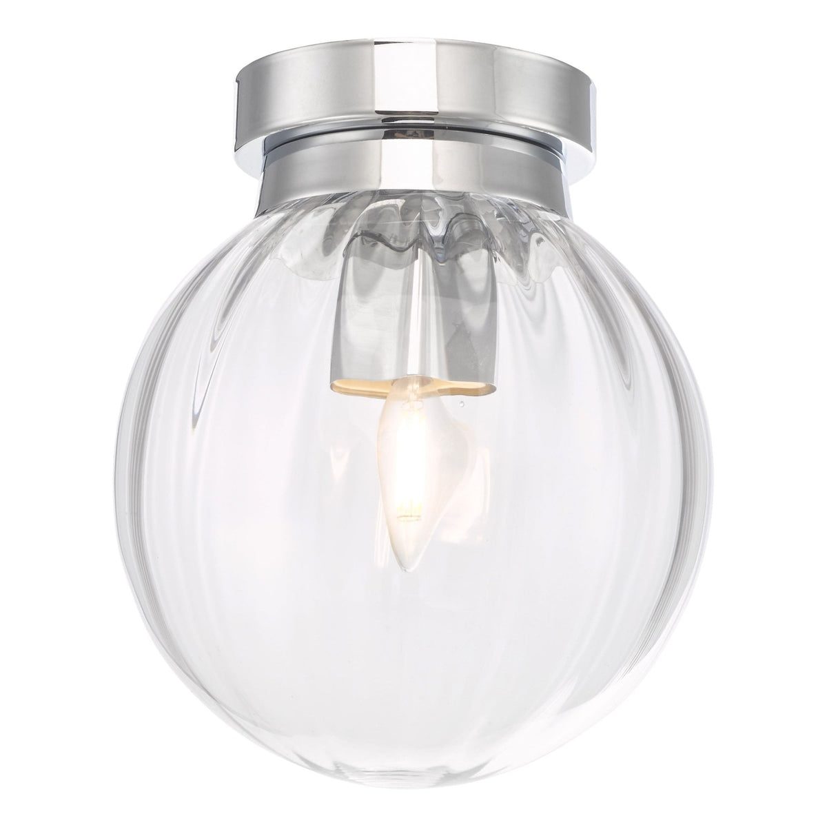 Kavi IP44 Semi Flush Ceiling Light In Polished Chrome With Textured Glass Shade