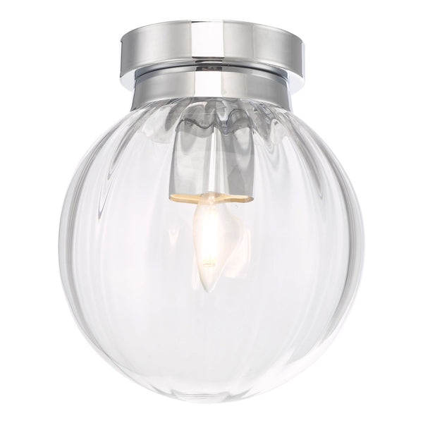 Kavi IP44 Semi Flush Ceiling Light In Polished Chrome With Textured Glass Shade
