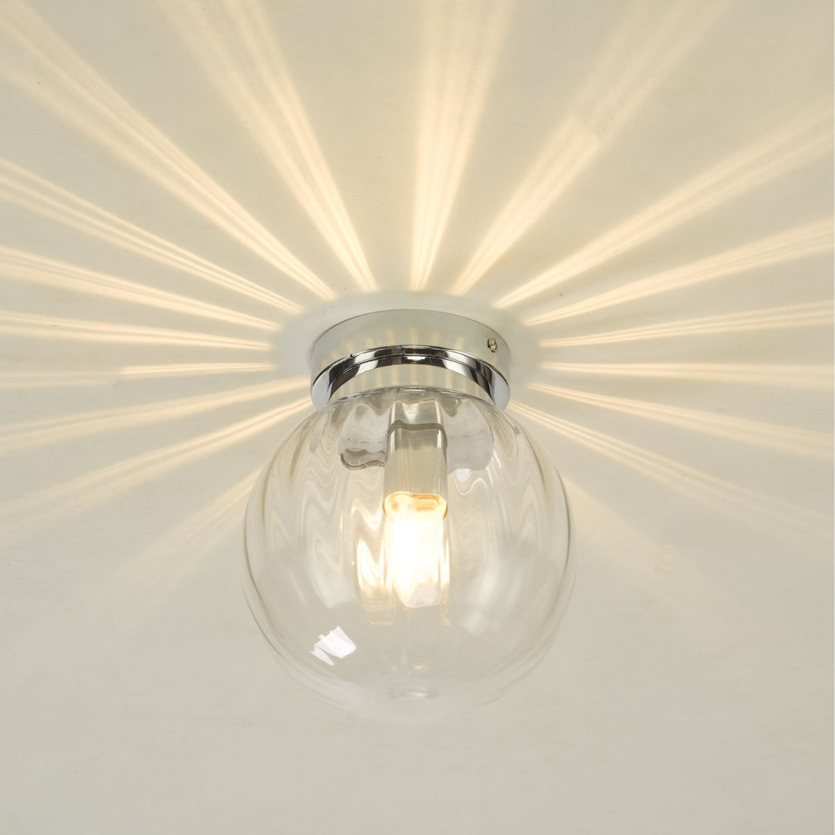Kavi IP44 Semi Flush Ceiling Light In Polished Chrome With Textured Glass Shade