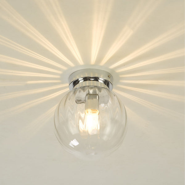 Kavi IP44 Semi Flush Ceiling Light In Polished Chrome With Textured Glass Shade