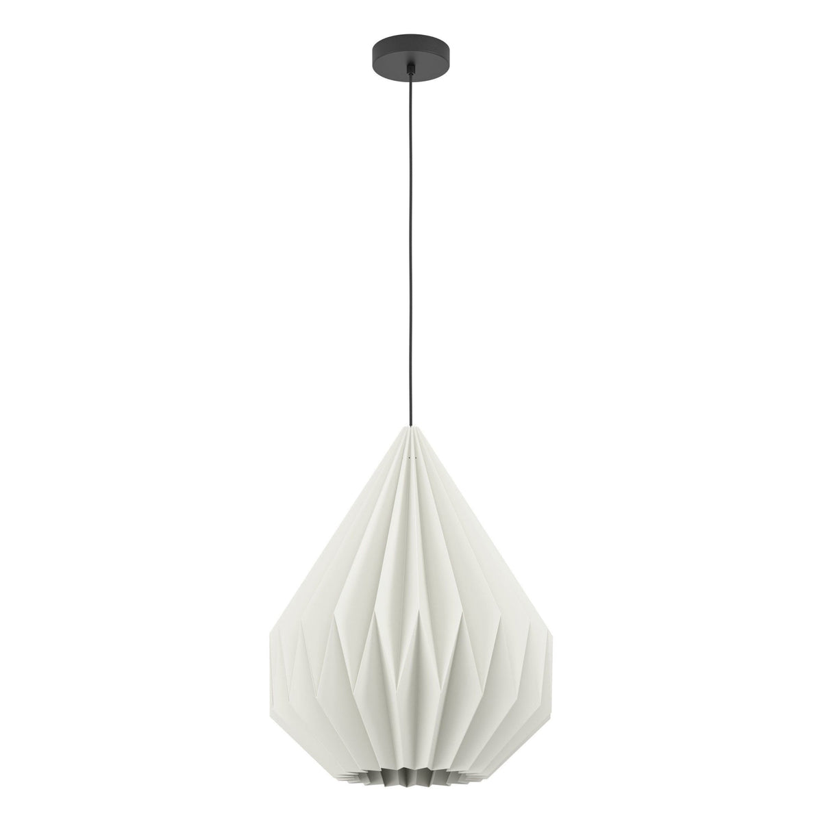 A white pleated geometric pendant light on a white background.