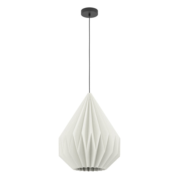A white pleated geometric pendant light on a white background.