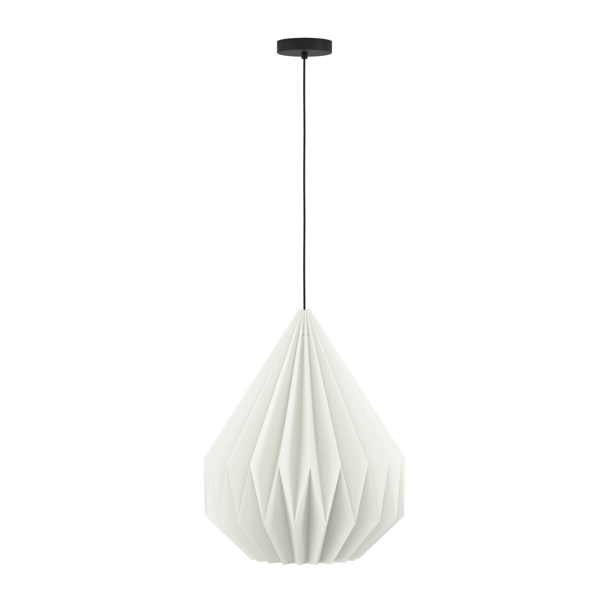 A white pleated geometric pendant light on a white background.