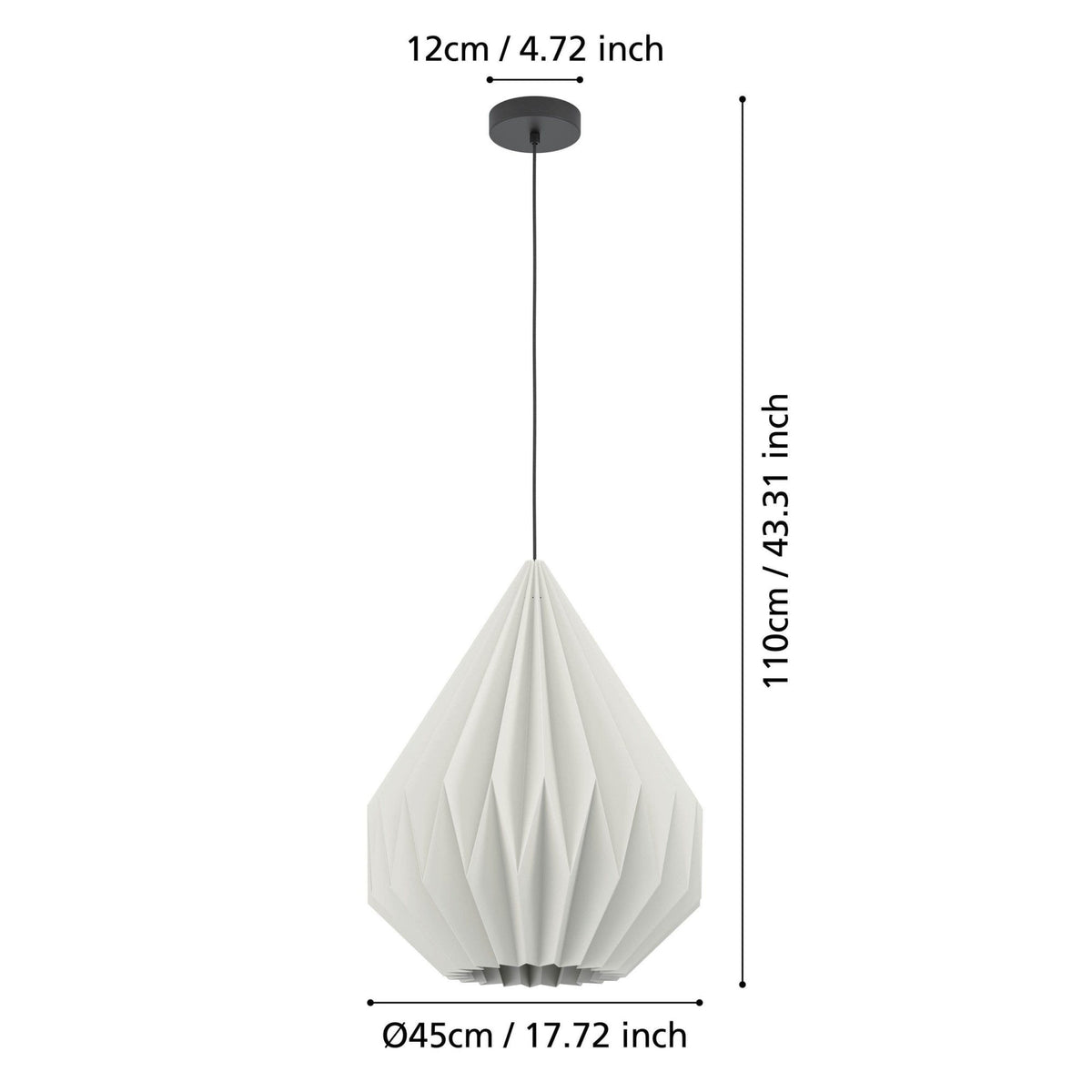 Diagram showing the dimensions of the white pleated geometric pendant light.