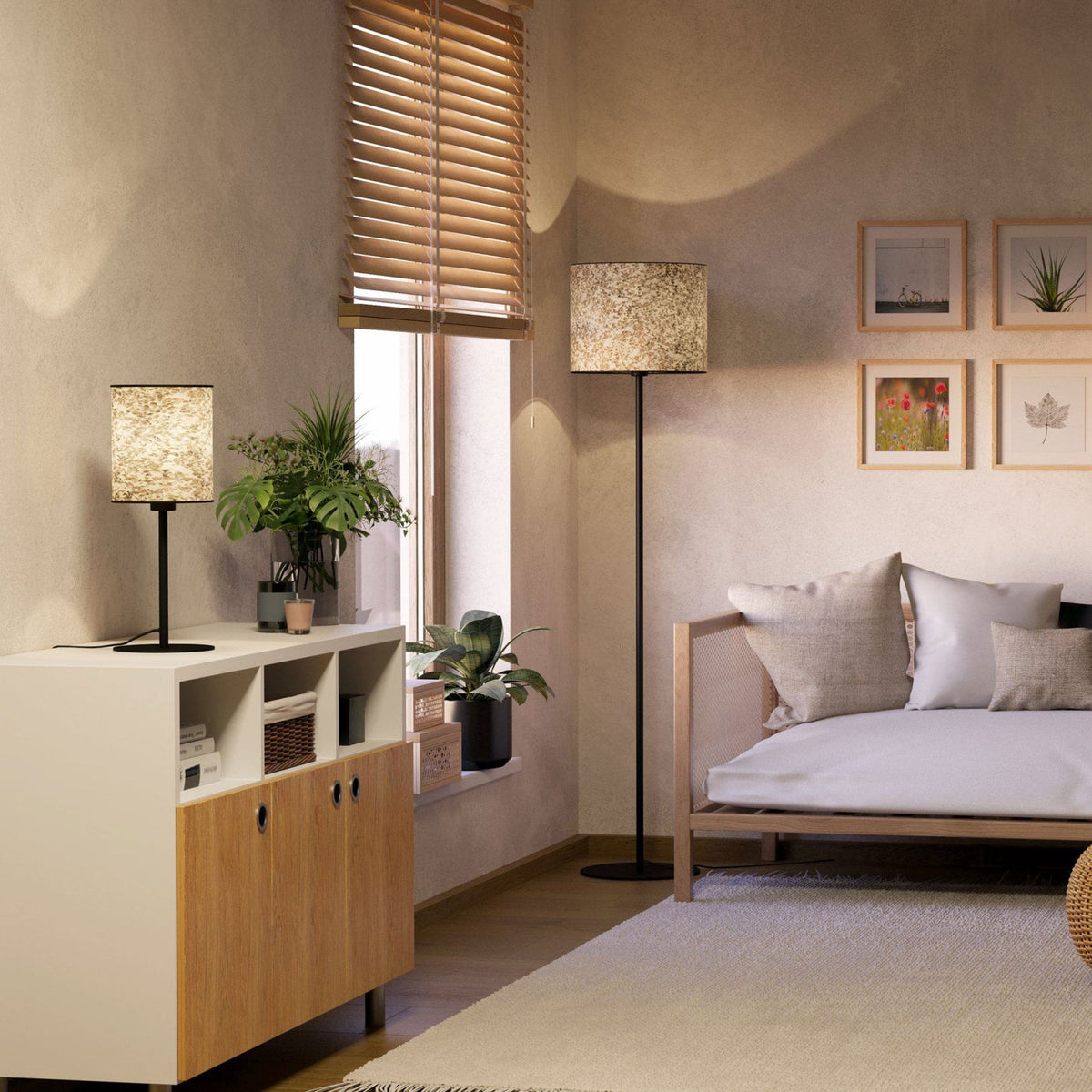 Butterburn Floor Lamp with Natural Fabric and Dried Birch Leaves