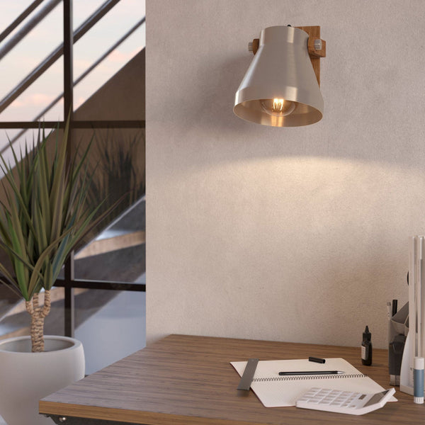 Cawton Single Spotlight with Wooden Base and Steel Lampshade