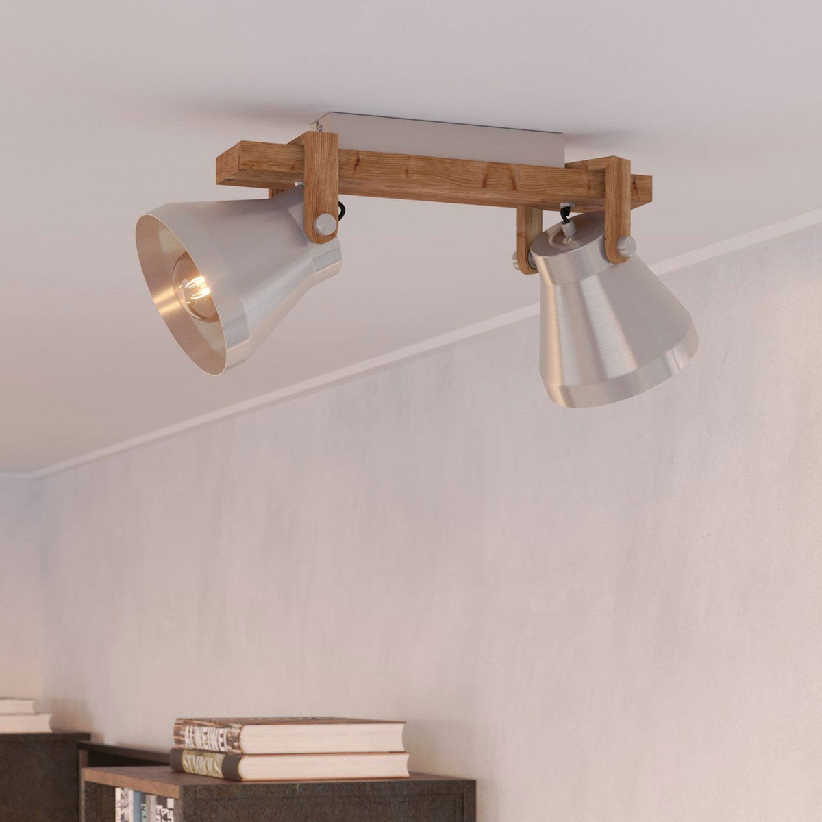 Cawton Twin Spotlight with Wooden Base and Steel Lampshades