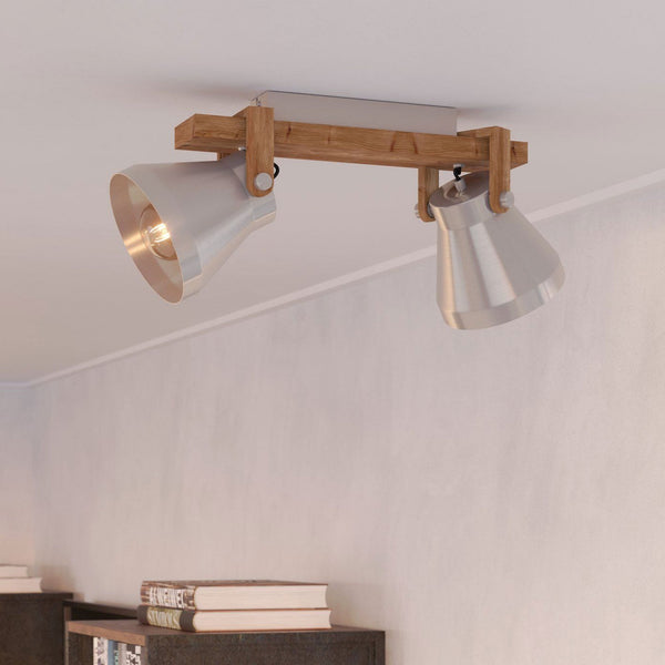 Cawton Twin Spotlight with Wooden Base and Steel Lampshades