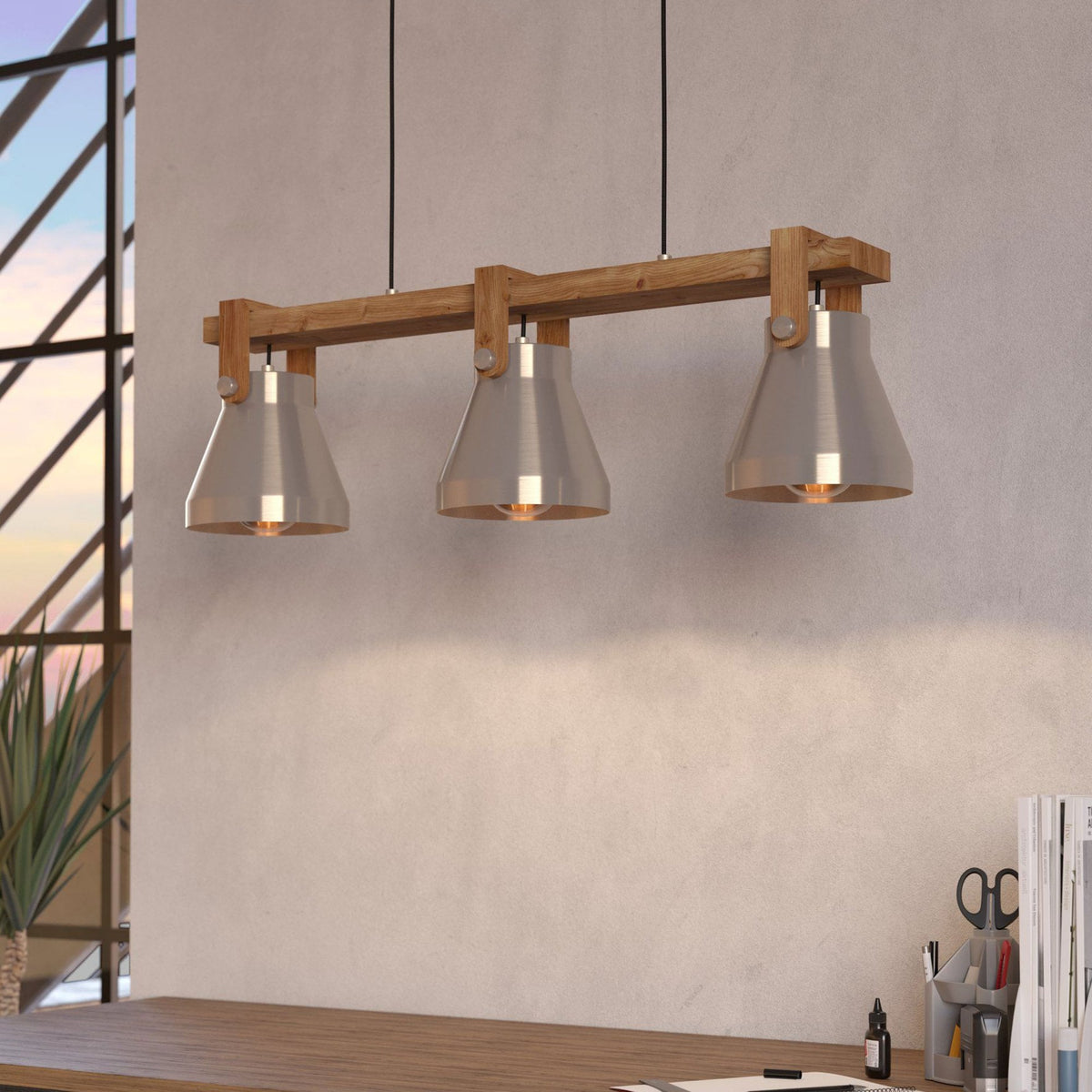 Cawton Triple Lamp Linear Pendant with Wooden Detail and Steel Lampshades