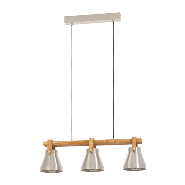 Cawton Triple Lamp Linear Pendant with Wooden Detail and Steel Lampshades