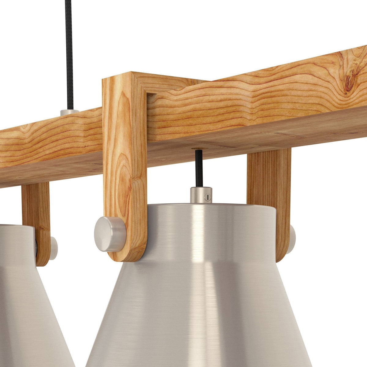 Cawton Triple Lamp Linear Pendant with Wooden Detail and Steel Lampshades