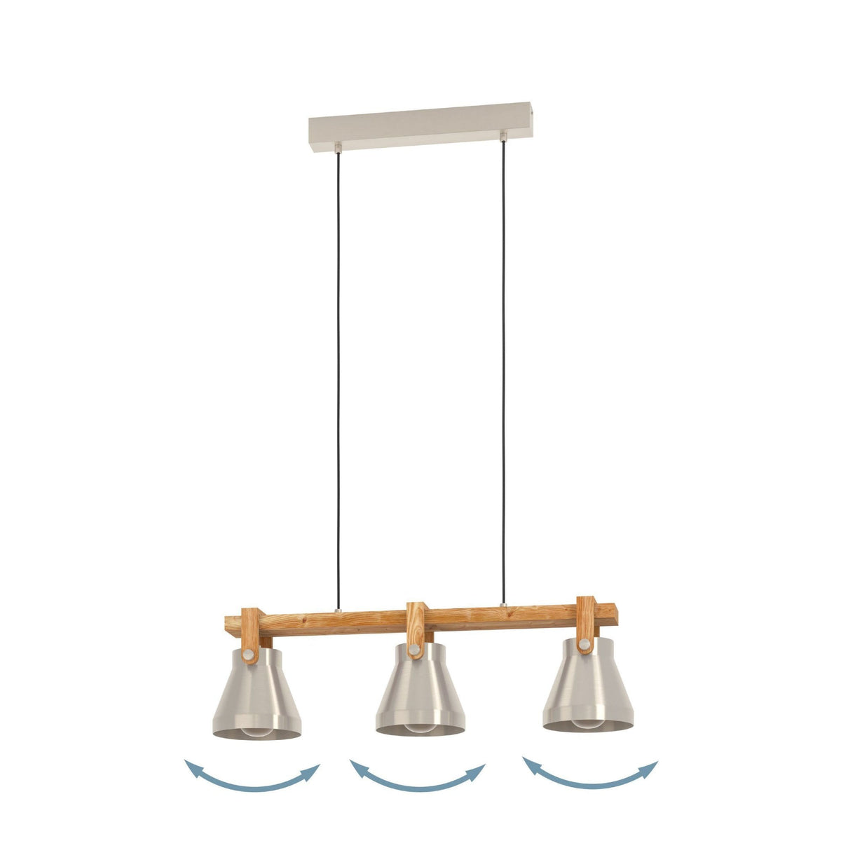 Cawton Triple Lamp Linear Pendant with Wooden Detail and Steel Lampshades