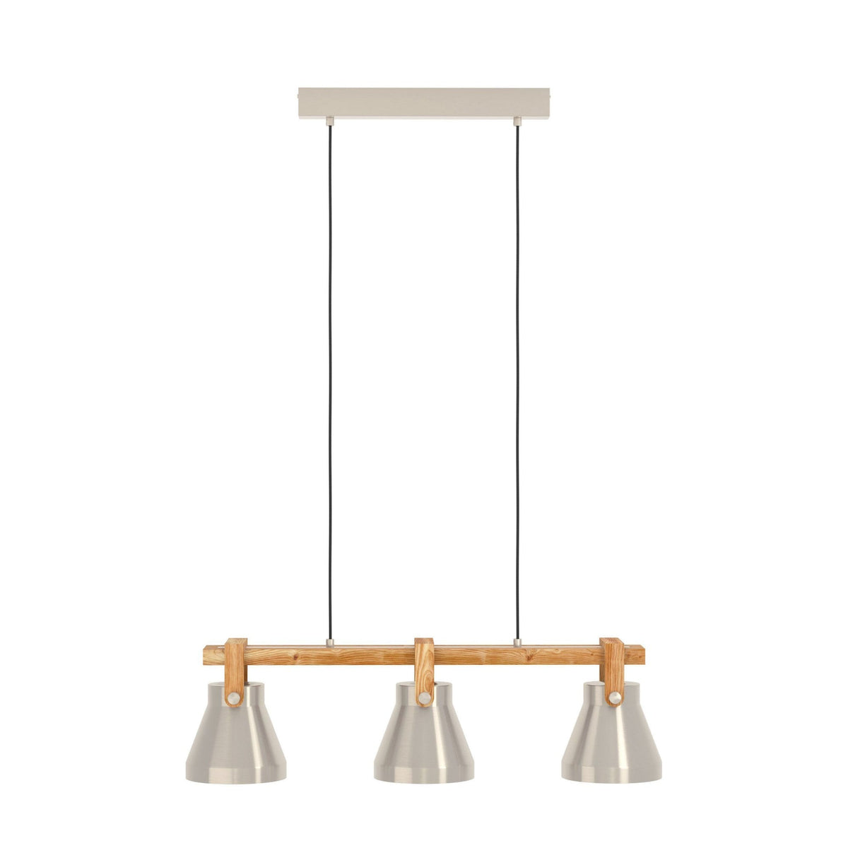 Cawton Triple Lamp Linear Pendant with Wooden Detail and Steel Lampshades