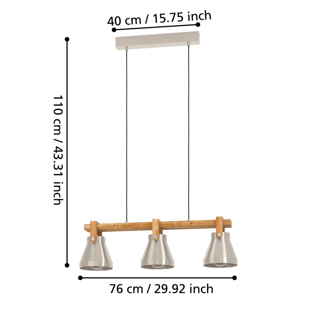 Cawton Triple Lamp Linear Pendant with Wooden Detail and Steel Lampshades