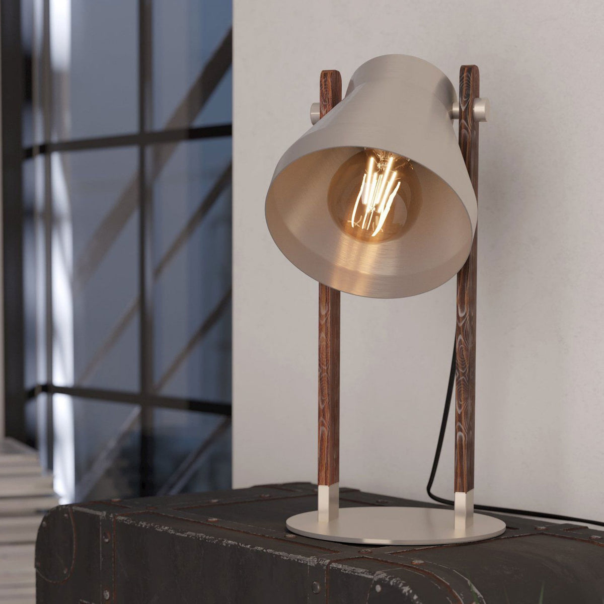 Cawton Table Lamp with Wooden Detail and Steel Lampshade