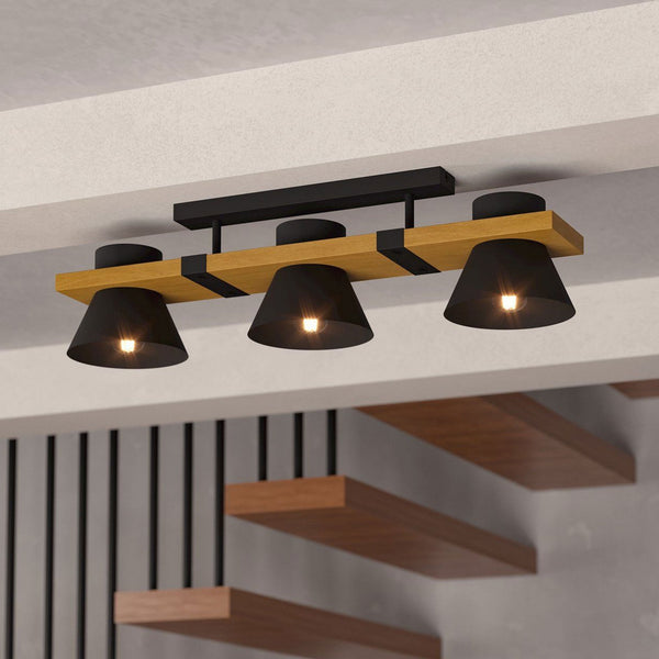 Maccles Three Lamp Linear Ceiling Light in Black with Wood Detailing