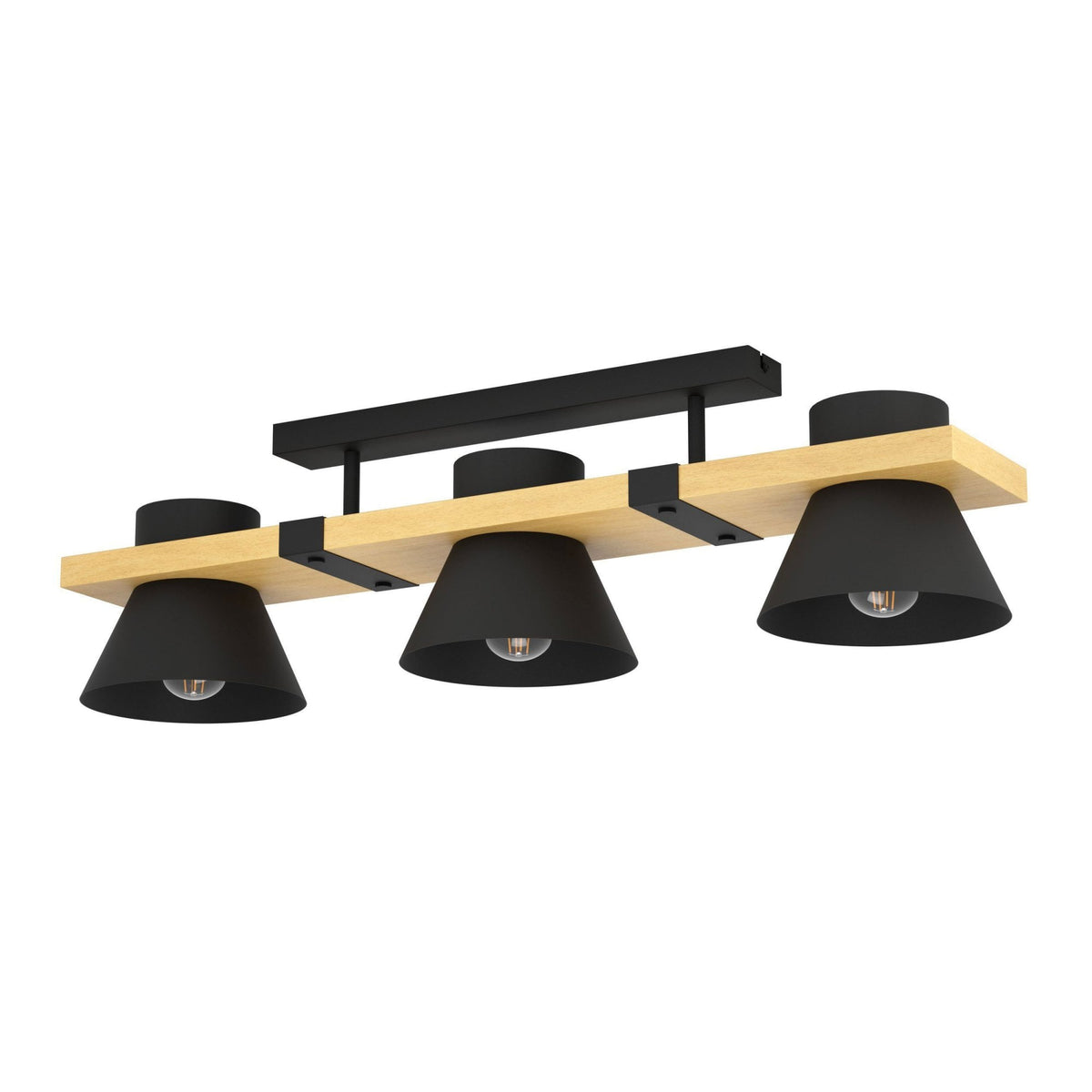 Maccles Three Lamp Linear Ceiling Light in Black with Wood Detailing