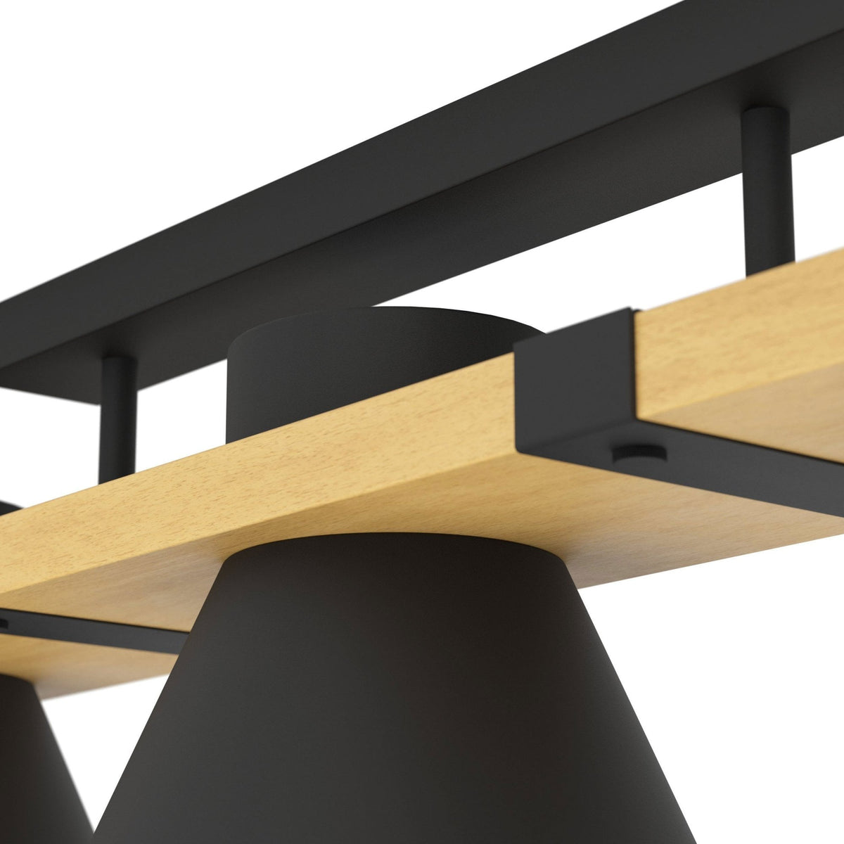 Maccles Three Lamp Linear Ceiling Light in Black with Wood Detailing