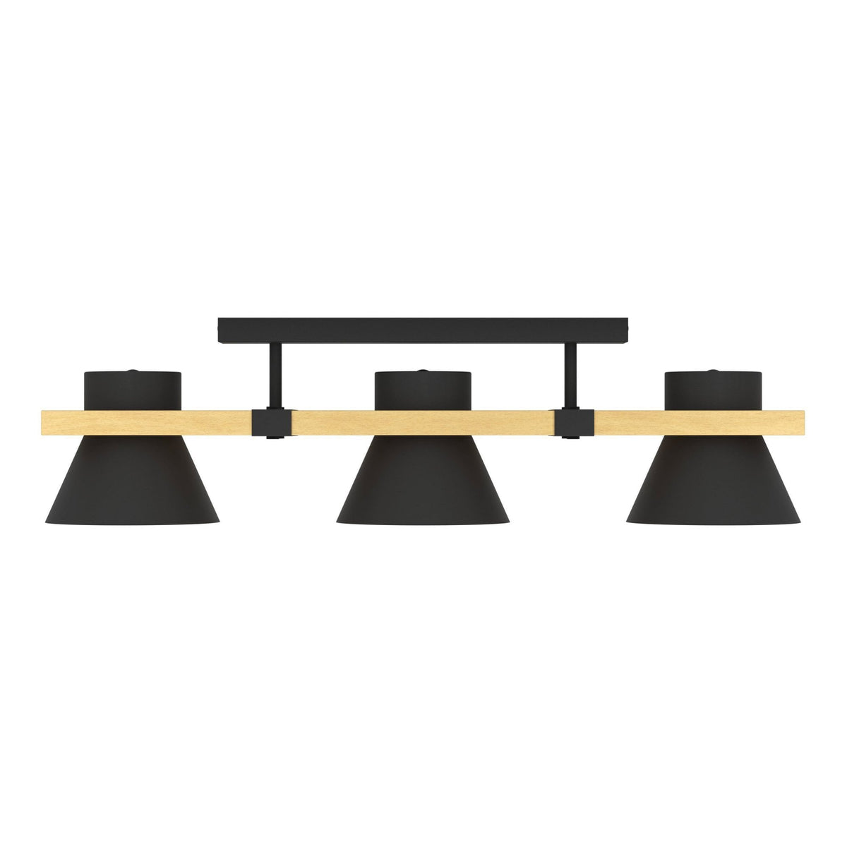 Maccles Three Lamp Linear Ceiling Light in Black with Wood Detailing