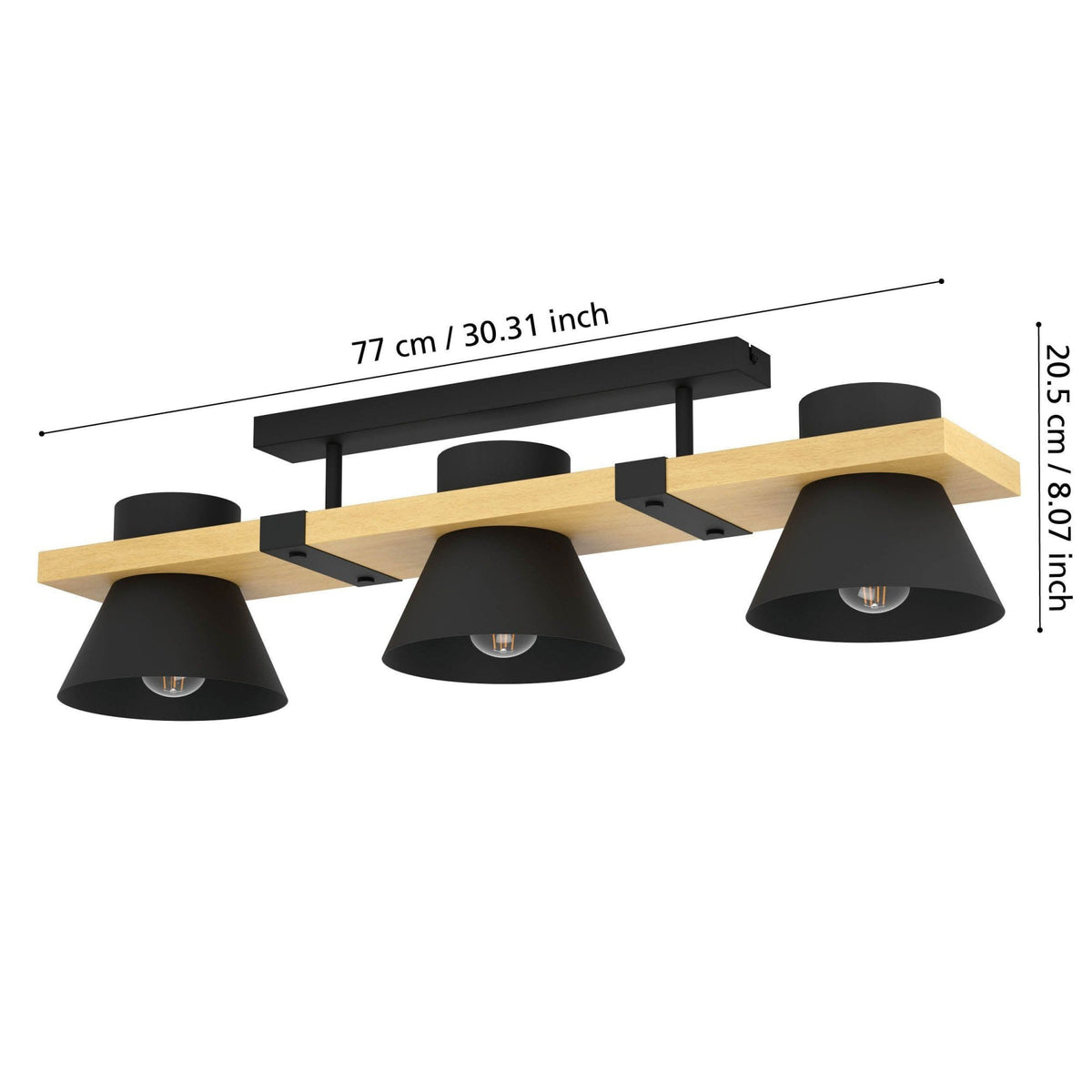 Maccles Three Lamp Linear Ceiling Light in Black with Wood Detailing