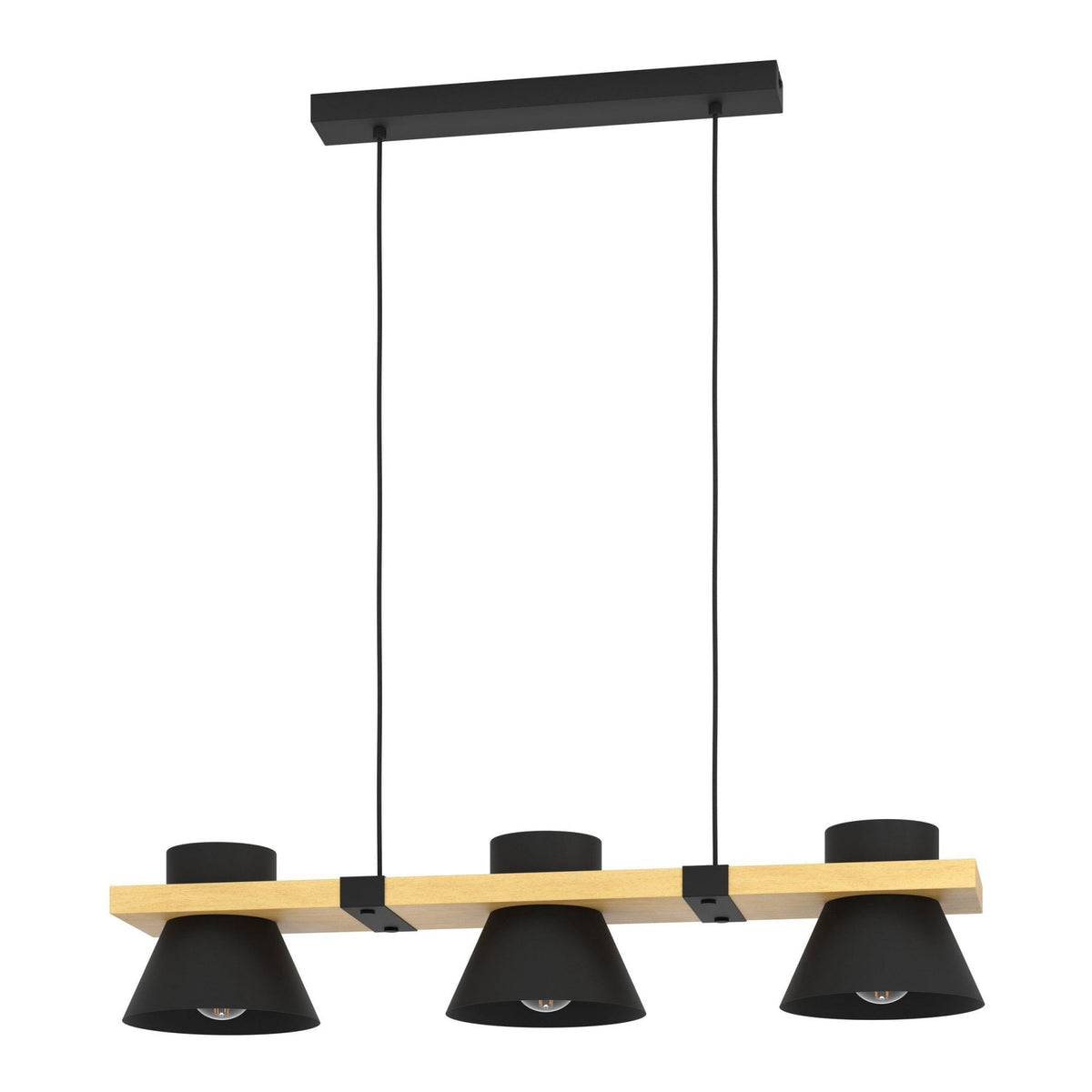 A modern black and wood pendant light with three cone-shaped shades hangs against a white background.