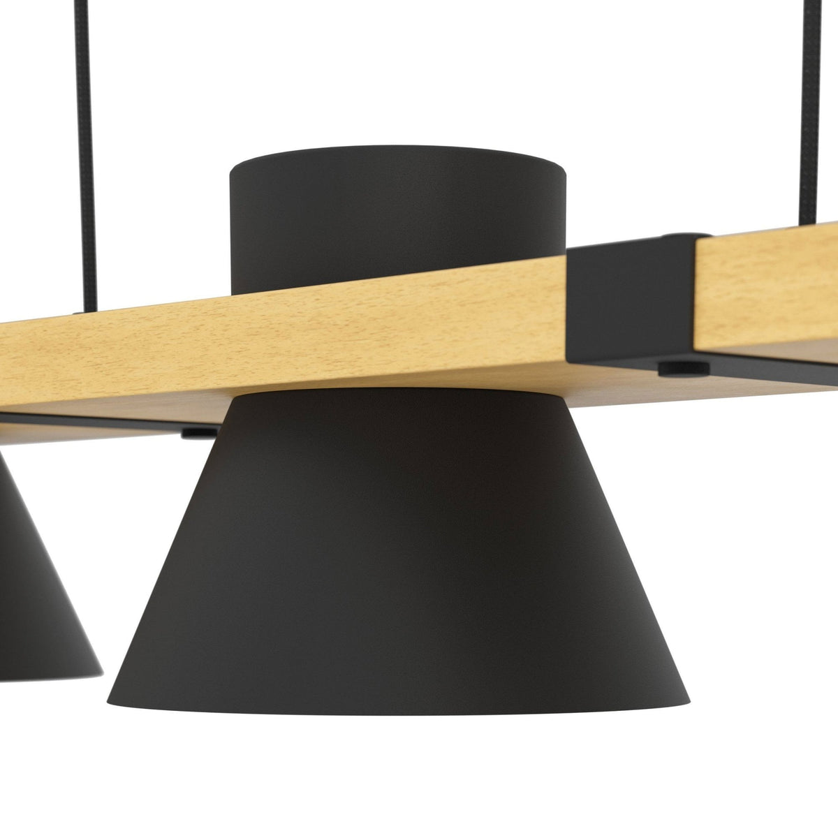 A close-up of a black and wood pendant light, showing a black cone shade attached to a wooden beam.