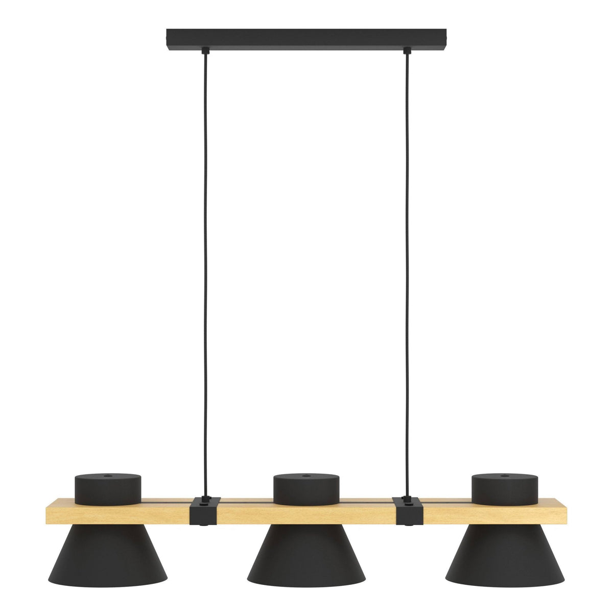 A black and wood pendant light with three cone-shaped shades is suspended against a white background.