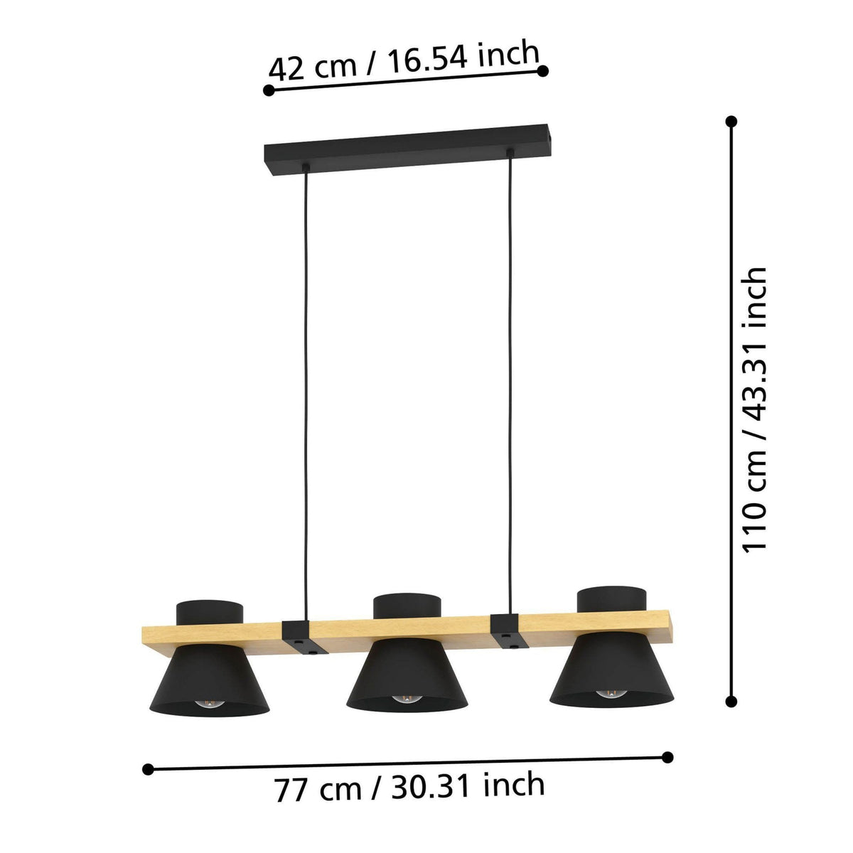 A black and wood pendant light with three shades shown with its dimensions.