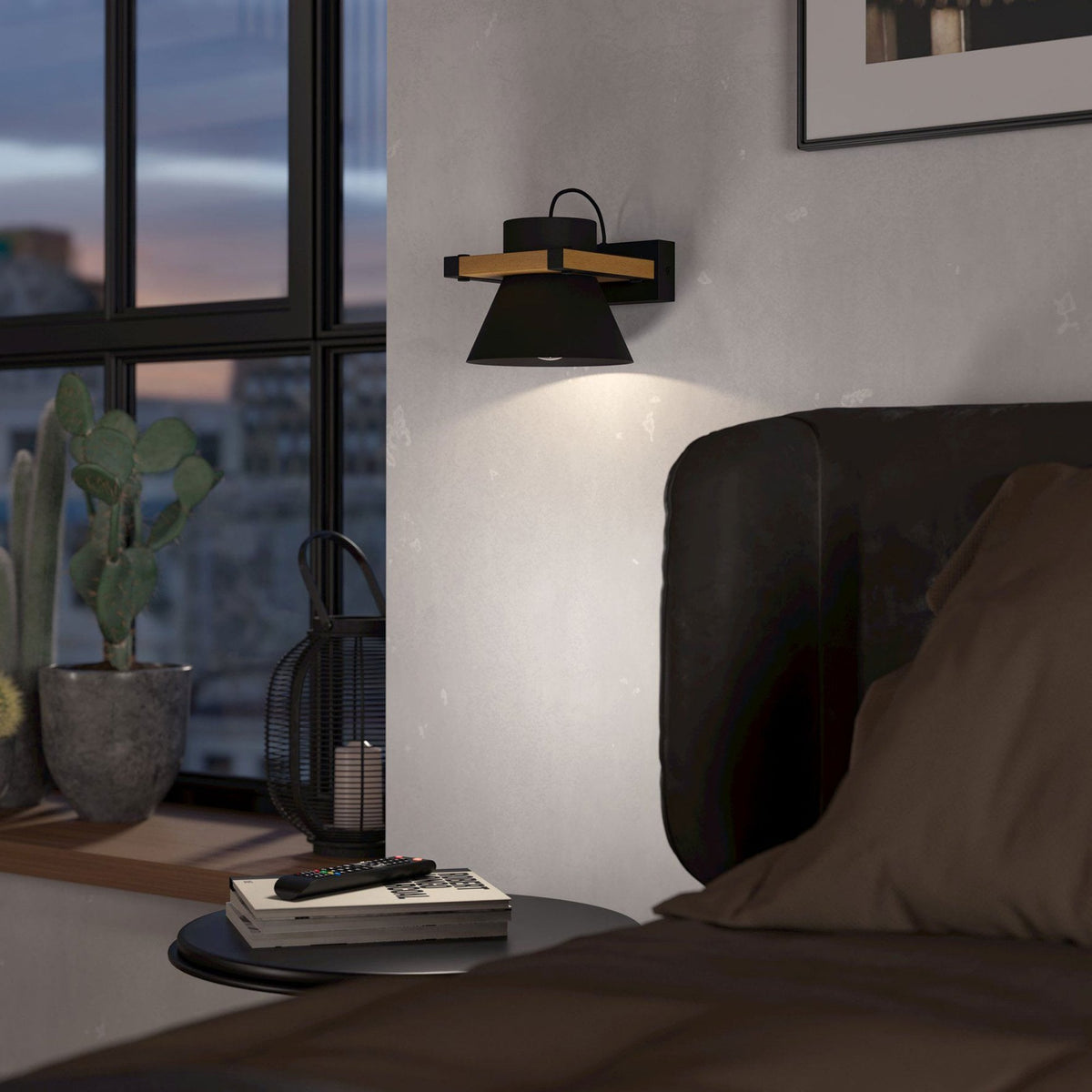 Maccles Wall Light in Black with Wood Detailing