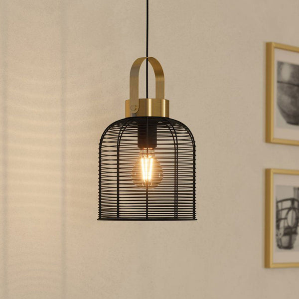 Roundham 220mm Pendant with Black Wired Lampshade with Brushed Brass Detailing