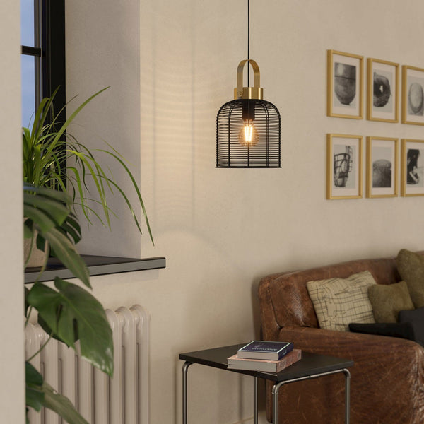 Roundham 220mm Pendant with Black Wired Lampshade with Brushed Brass Detailing