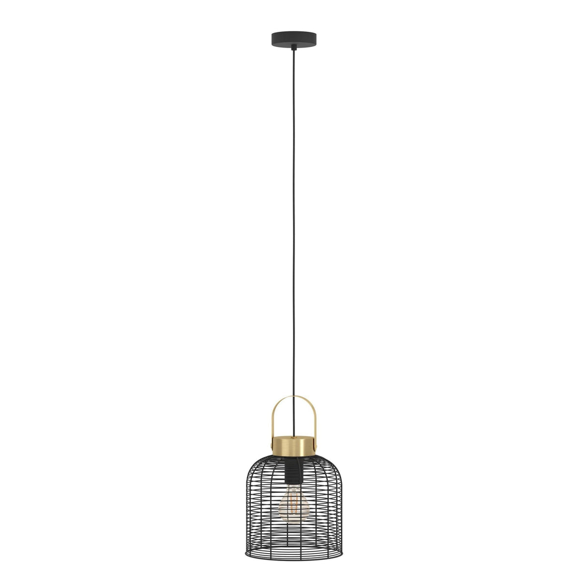 Roundham 220mm Pendant with Black Wired Lampshade with Brushed Brass Detailing