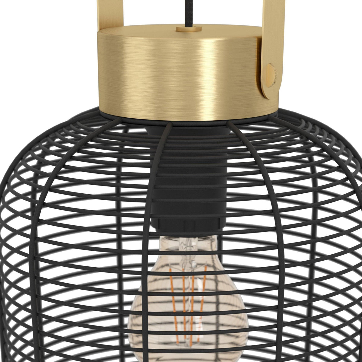 Roundham 220mm Pendant with Black Wired Lampshade with Brushed Brass Detailing