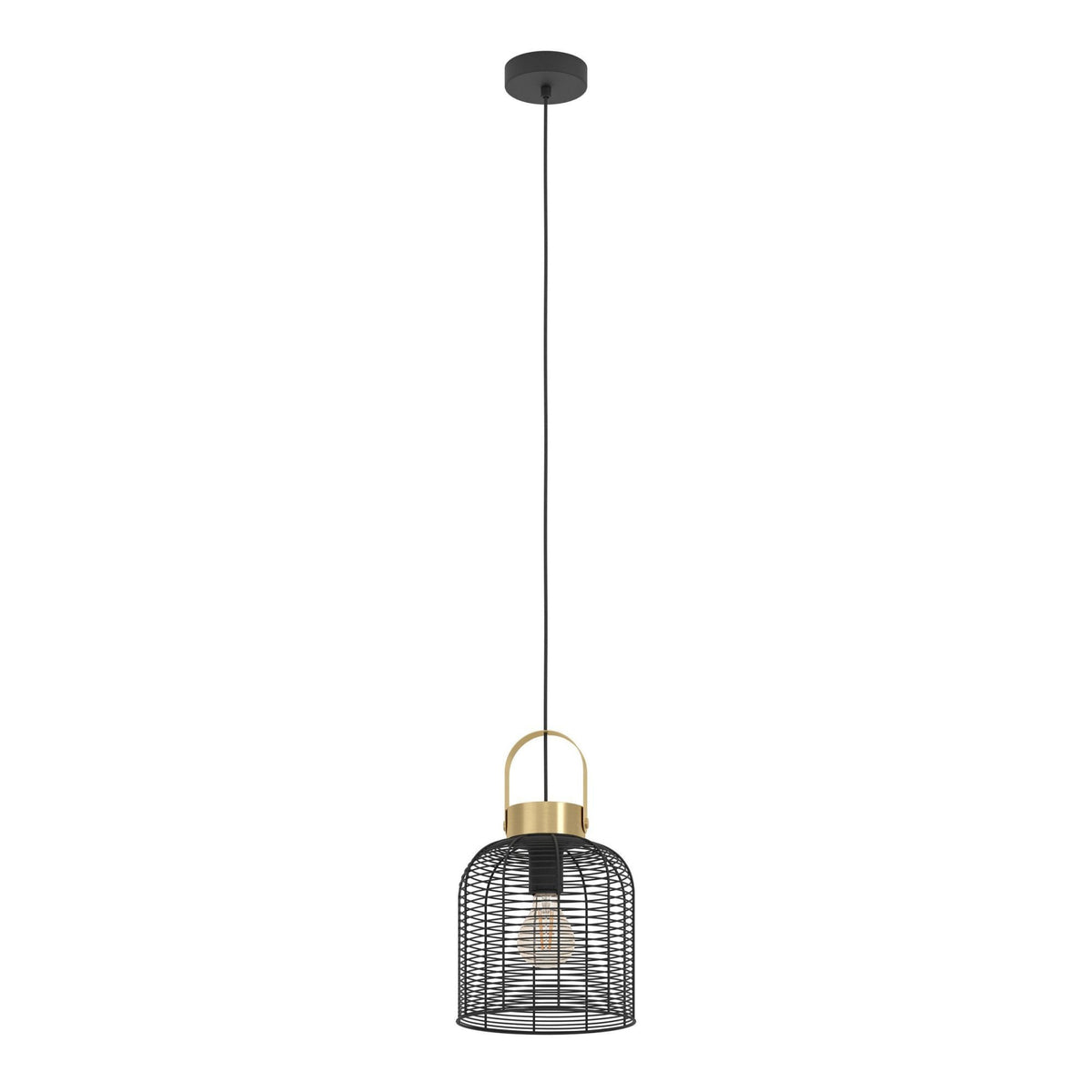 Roundham 220mm Pendant with Black Wired Lampshade with Brushed Brass Detailing