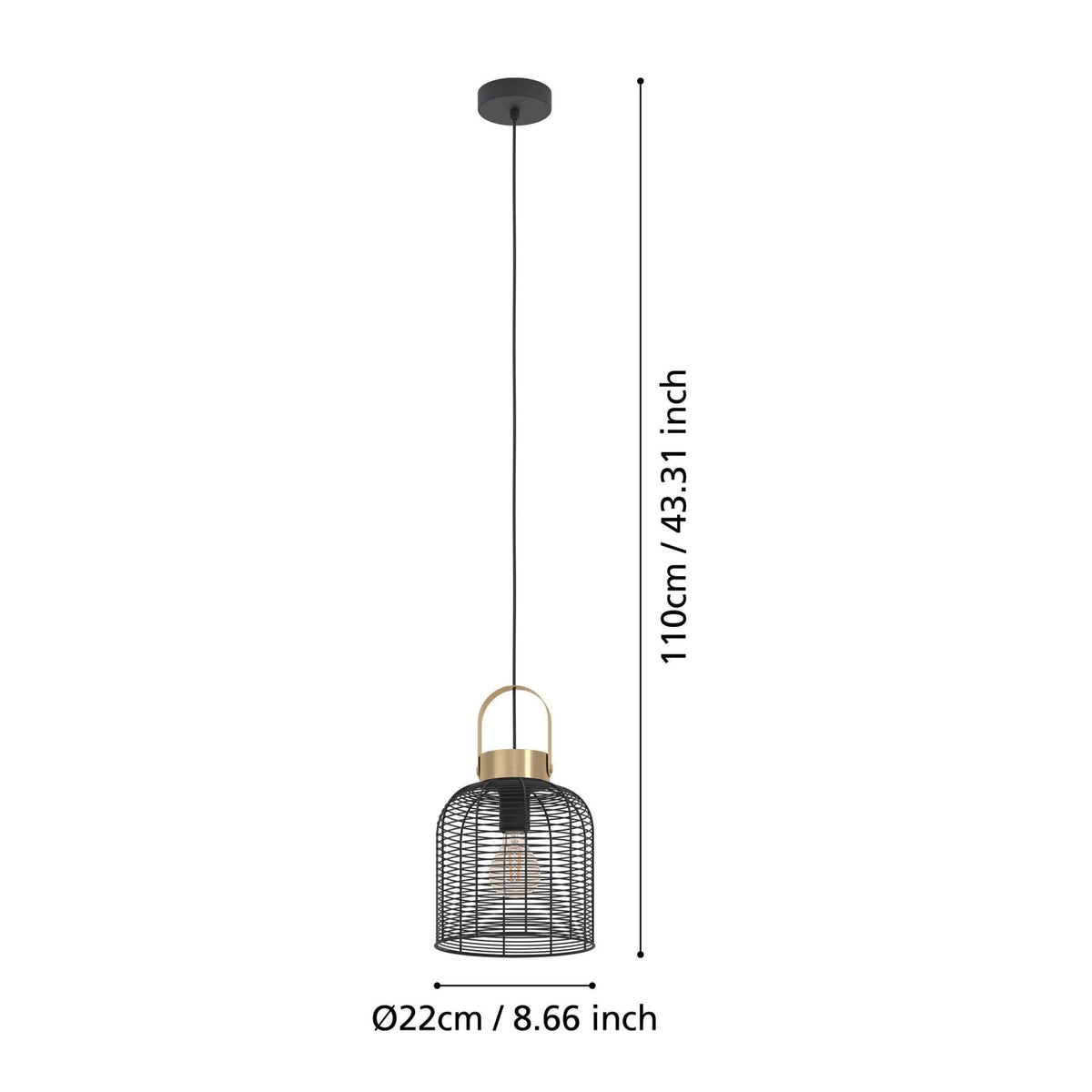 Roundham 220mm Pendant with Black Wired Lampshade with Brushed Brass Detailing