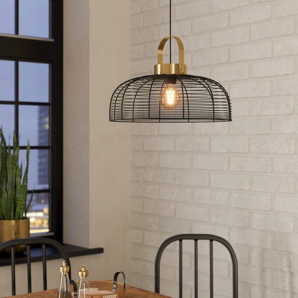Roundham 450mm Pendant with Black Wired Lampshade with Brushed Brass Detailing