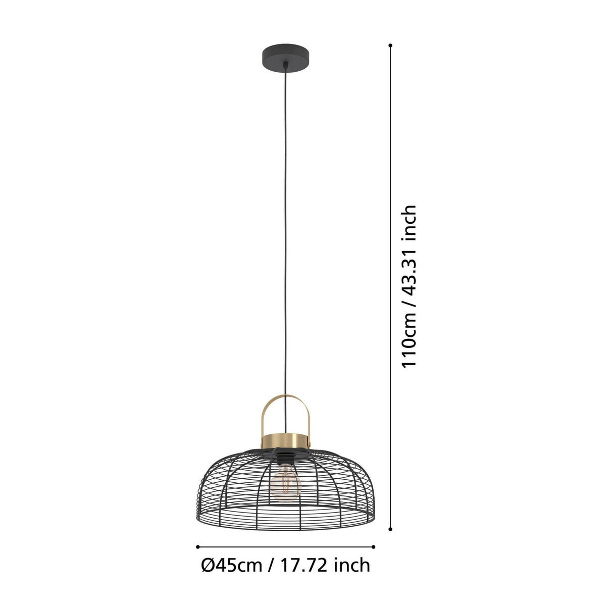Roundham 450mm Pendant with Black Wired Lampshade with Brushed Brass Detailing