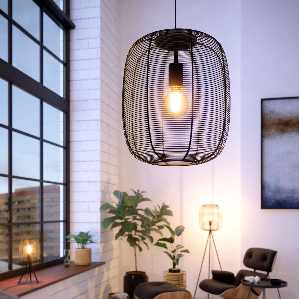 Rinroe Single Pendant with Black Wired-Caged Design Lampshade
