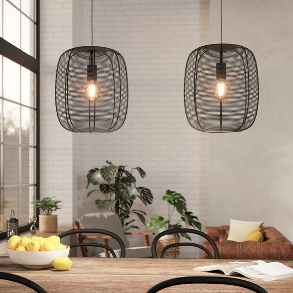 Rinroe Twin Drop Linear Pendant with Black Wired-Caged Design Lampshades