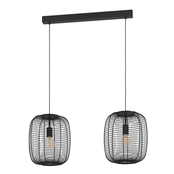 Rinroe Twin Drop Linear Pendant with Black Wired-Caged Design Lampshades