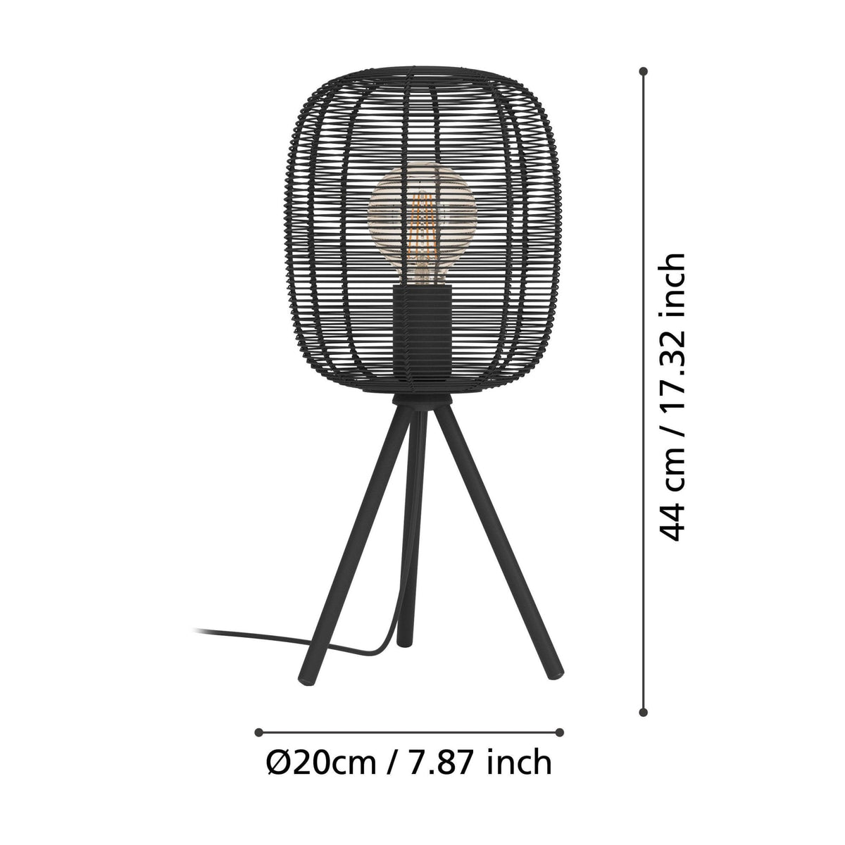 Dimensions of the black metal wire table lamp: 44 cm / 17.32 inch high, 20 cm / 7.87 inch diameter.