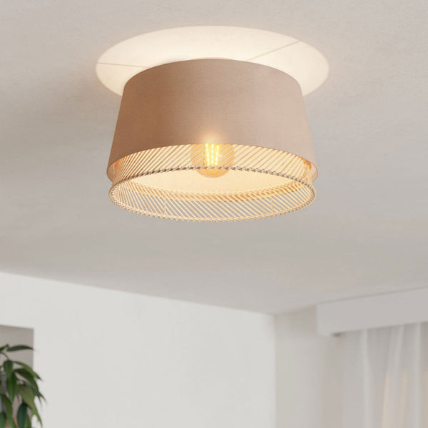 Tabley Ceiling Light with Two Layered Lampshades of Fabric and Bamboo