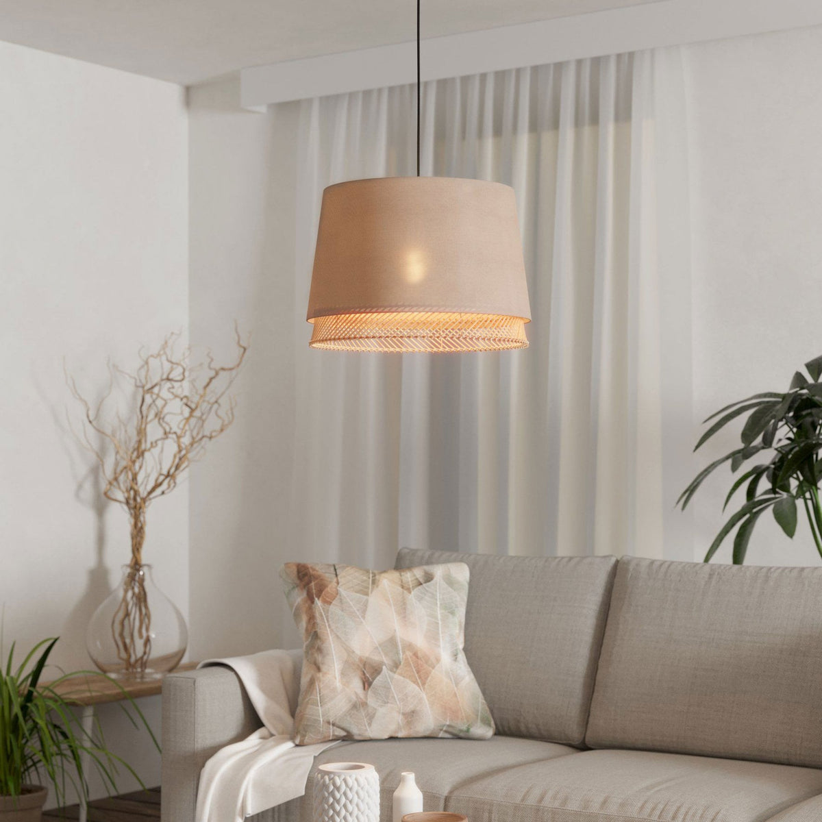 Tabley Single Drop Pendant with Two Layered Lampshades of Fabric and Bamboo