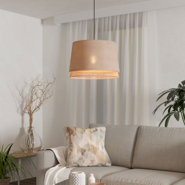 Tabley Single Drop Pendant with Two Layered Lampshades of Fabric and Bamboo