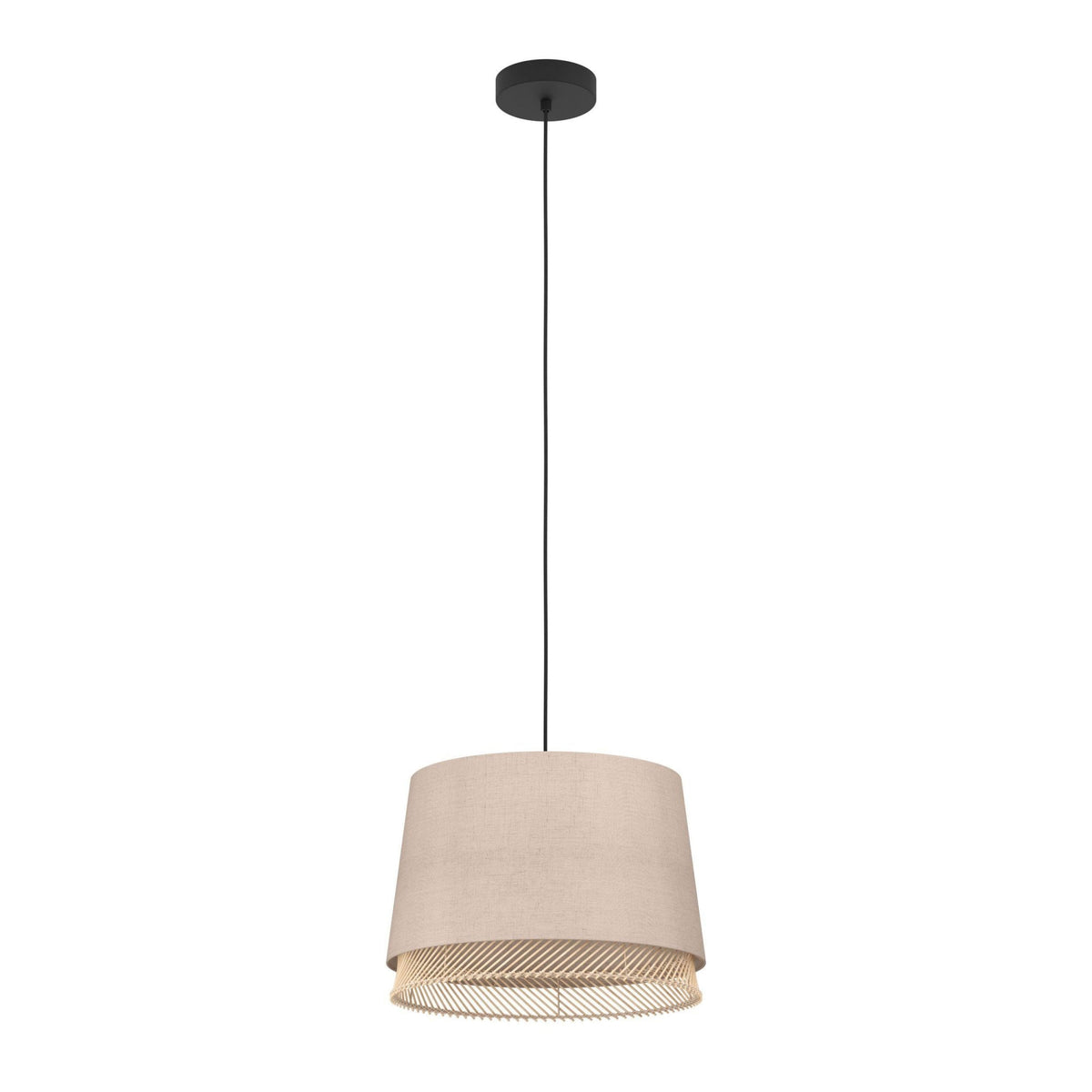 Tabley Single Drop Pendant with Two Layered Lampshades of Fabric and Bamboo