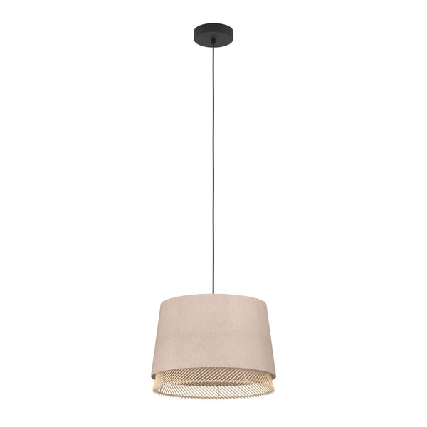Tabley Single Drop Pendant with Two Layered Lampshades of Fabric and Bamboo